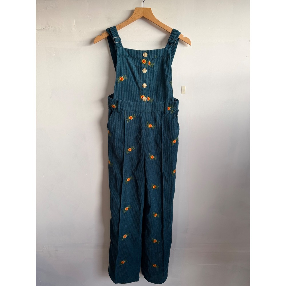 Cider Floral Embroidered Corduroy Jumpsuit Overalls Teal Blue Retro Wide Leg S